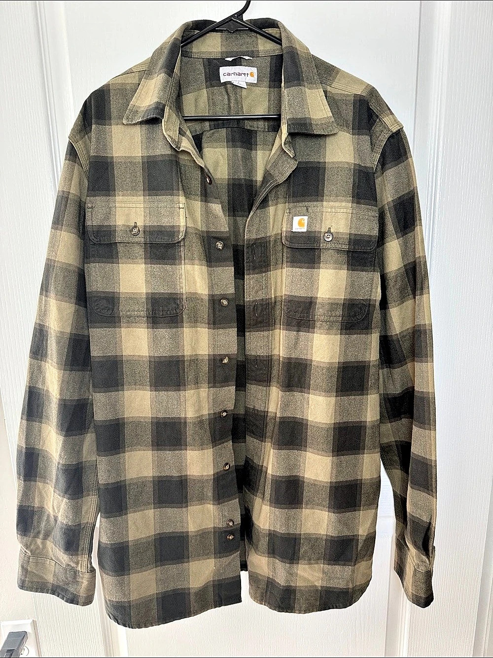 Carhartt Hubbard Men’s L Tall Olive Black Plaid Flannel Shirt Original Fit